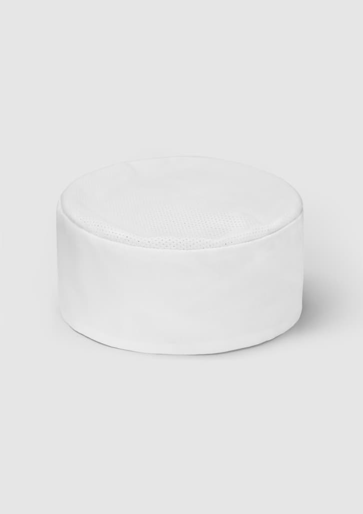 A white mesh flat top hat with a circular shape and a textured surface, featuring a logo.