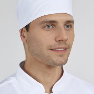 A white mesh flat top hat worn by a man, featuring a simple design and a logo on the front.