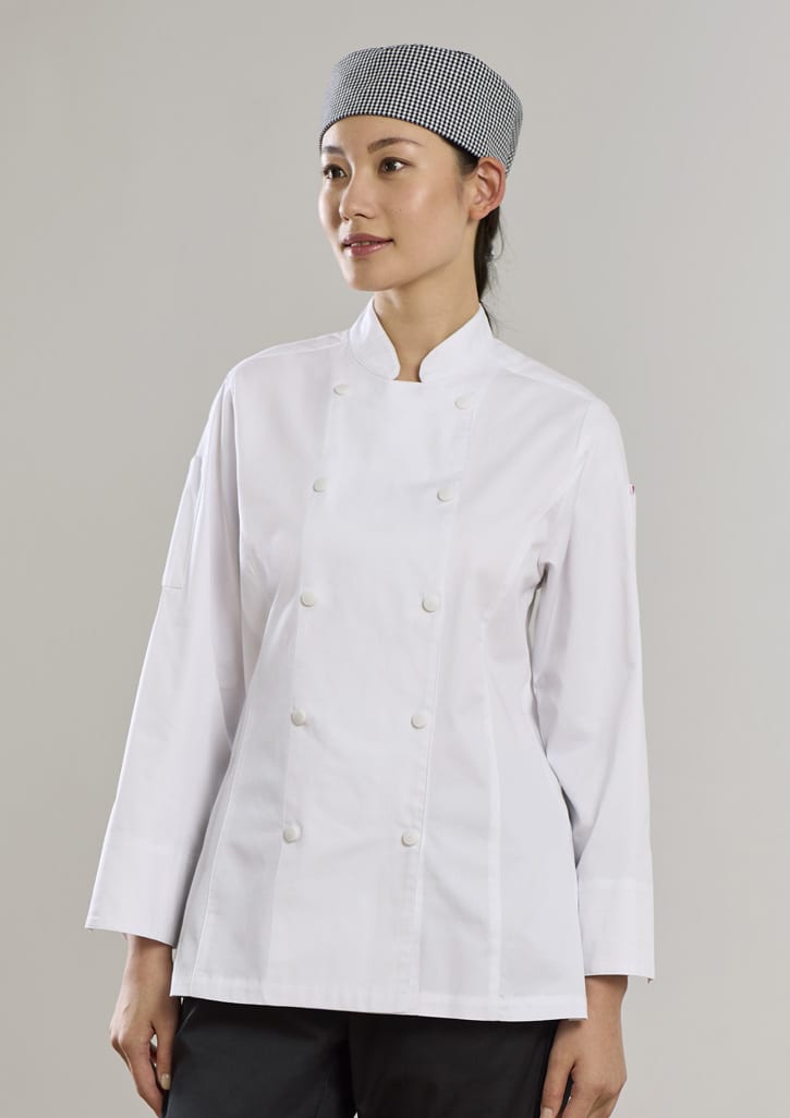 A white long sleeve chef jacket with a double-breasted front and a checkered chef hat.