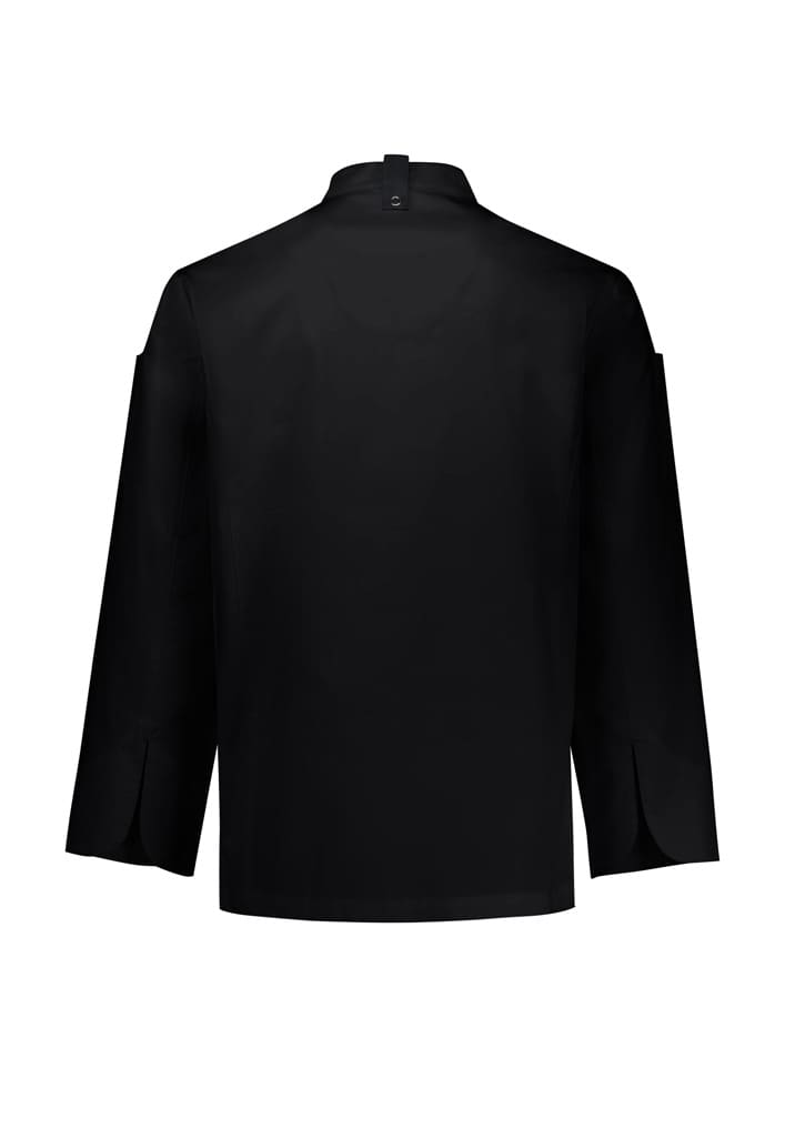 A black long sleeve chef jacket featuring a classic design and a logo on the back. Suitable for culinary uniforms.