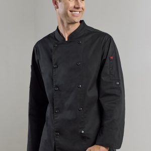 A black long sleeve chef jacket featuring a double-breasted design and a logo on the sleeve.