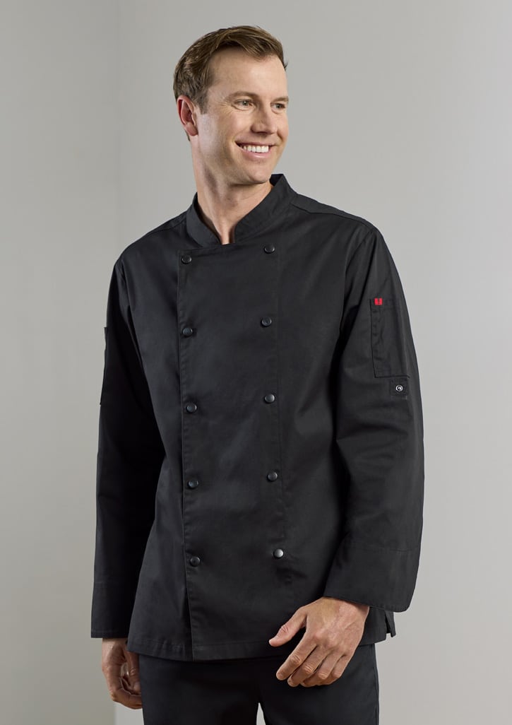 A black long sleeve chef jacket featuring a double-breasted design and a logo on the sleeve.