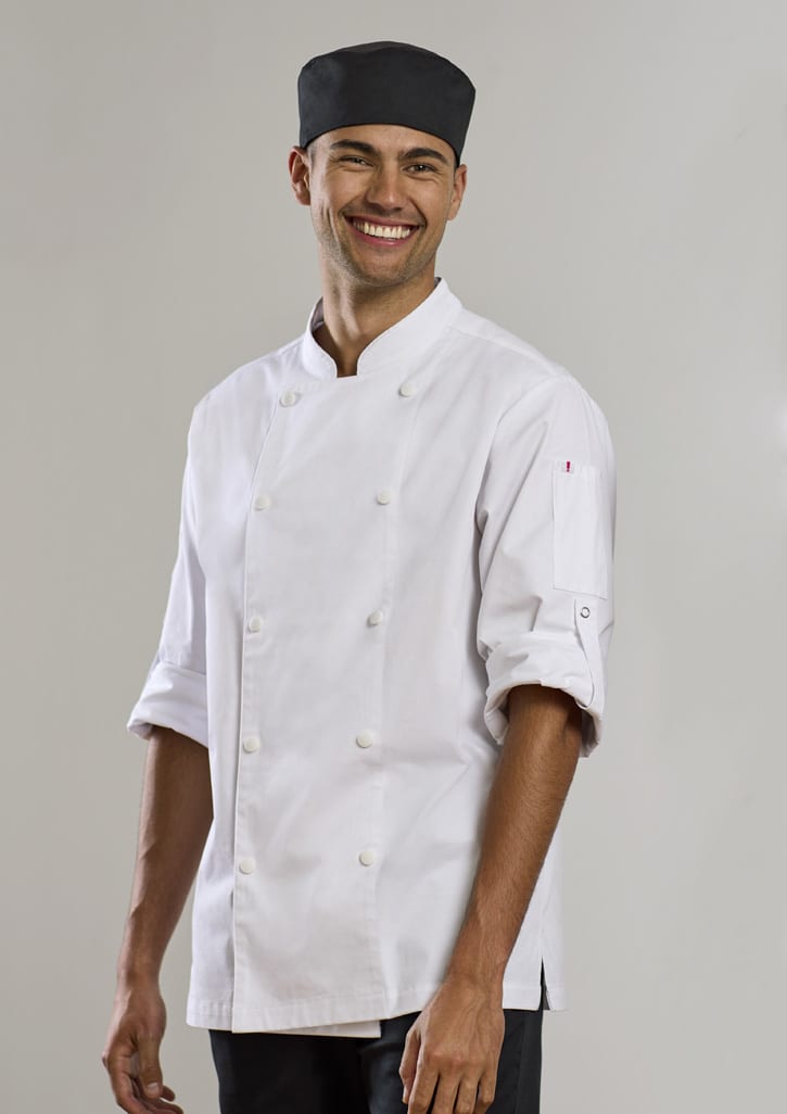 A white long sleeve chef jacket with a black chef hat, featuring buttons and a logo on the sleeve.