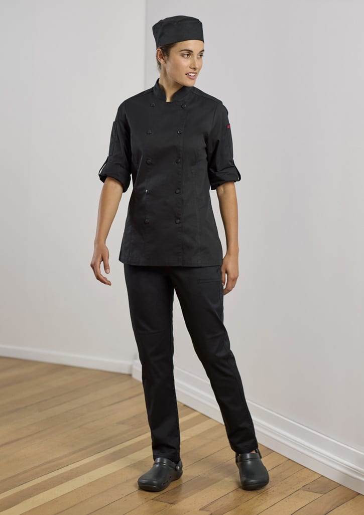 Black women's chef uniform featuring a fitted jacket with double buttons and matching flex pants, topped with a chef's hat.