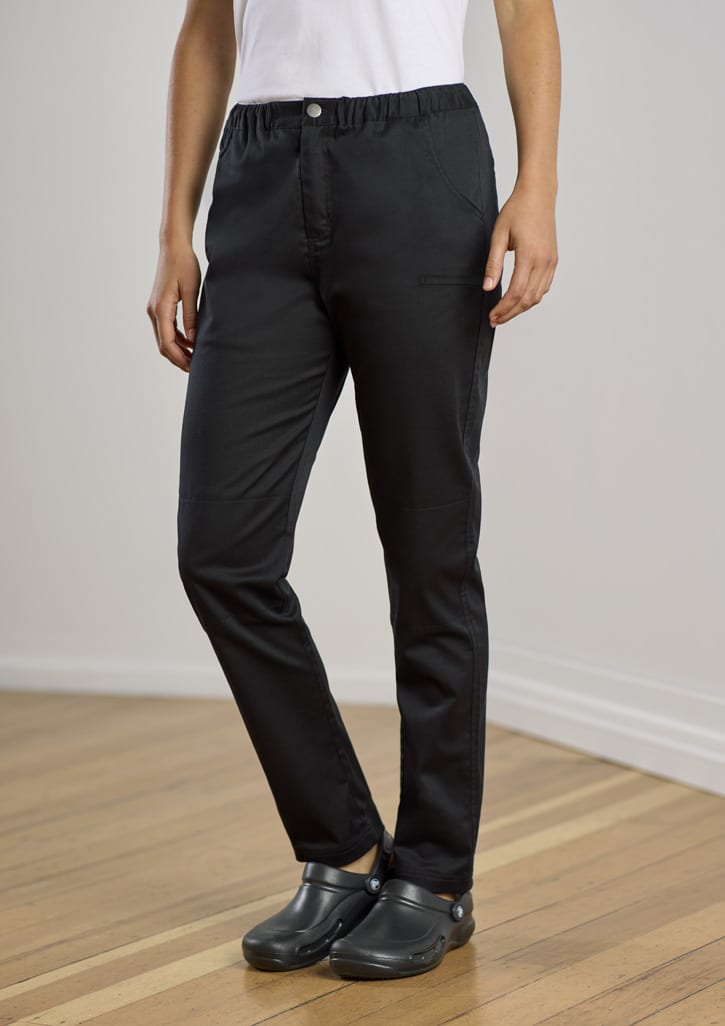 Women's black chef pants with an elastic waistband, styled for a comfortable fit, featuring a side pocket and a logo.