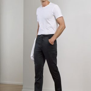 Mens Saffron Chef Flex Pant in black, paired with a white t-shirt and black shoes, featuring a logo.