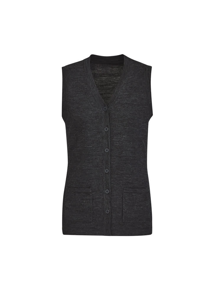 A sleeveless, button-front knit vest in dark grey, featuring two front pockets and a V-neckline.