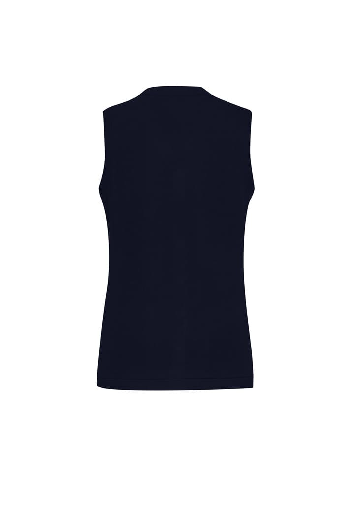 A navy blue women's button front knit vest with a sleeveless design and a simple, clean back.