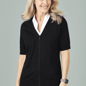A black women's zip front short sleeve knit cardigan, featuring a stylish V-neck design and soft fabric.
