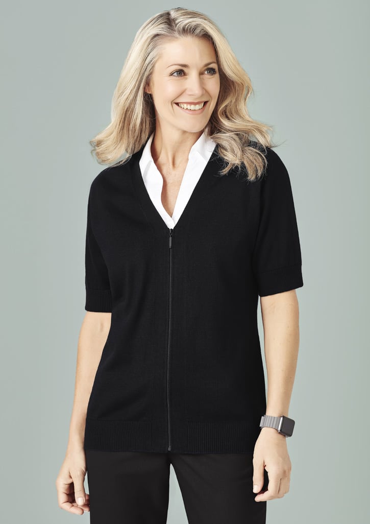 A black women's zip front short sleeve knit cardigan, featuring a stylish V-neck design and soft fabric.