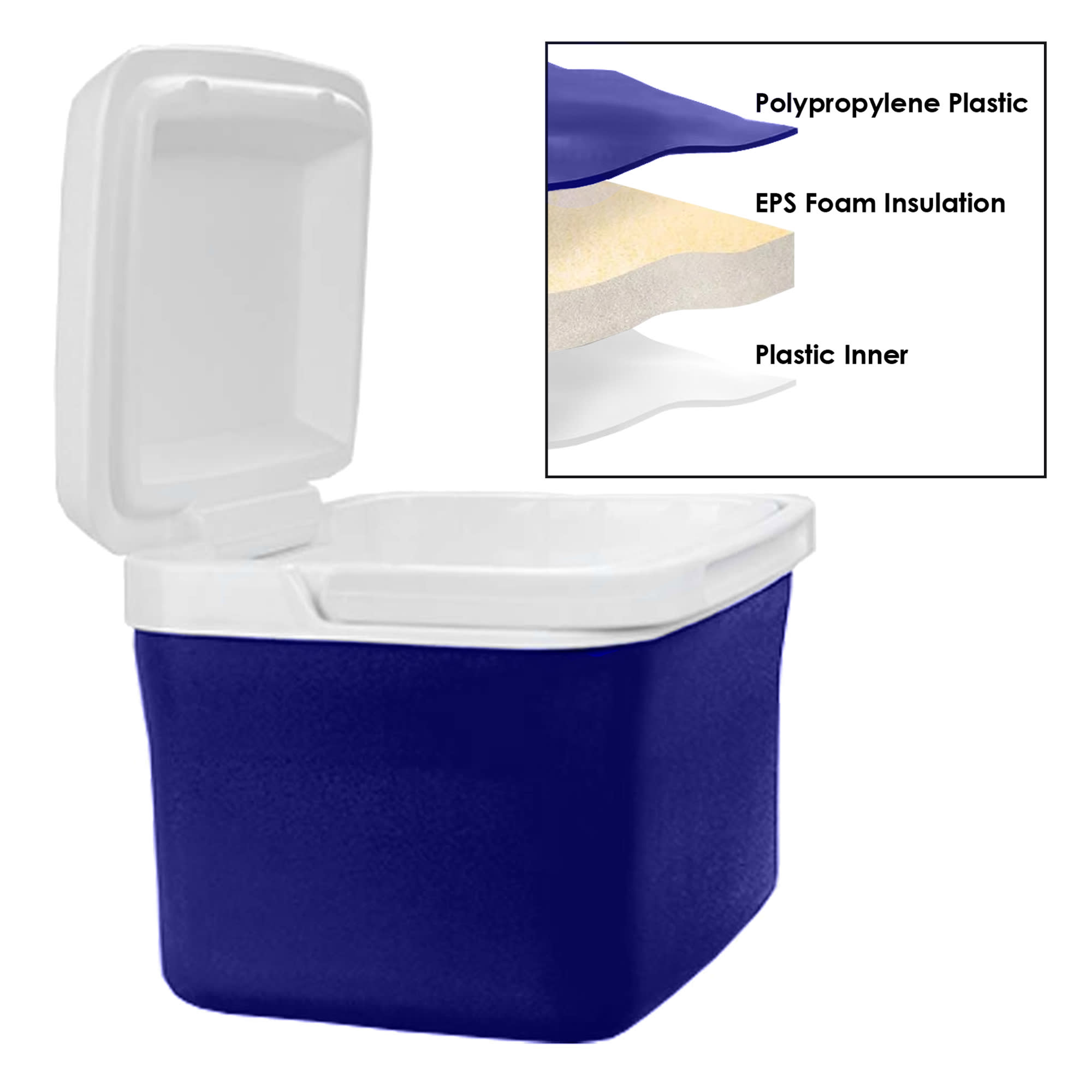 A cooler box in blue with a white lid, featuring lightweight polypropylene plastic and insulation layers.