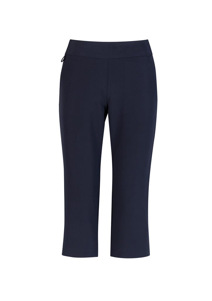 A pair of navy women's 3/4 length stretch pants with a fitted waistband and a small logo.