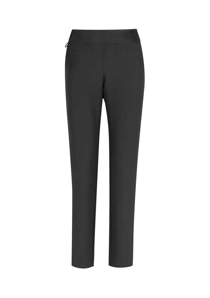 A pair of black women's stretch pants, featuring a fitted design and an elastic waistband.
