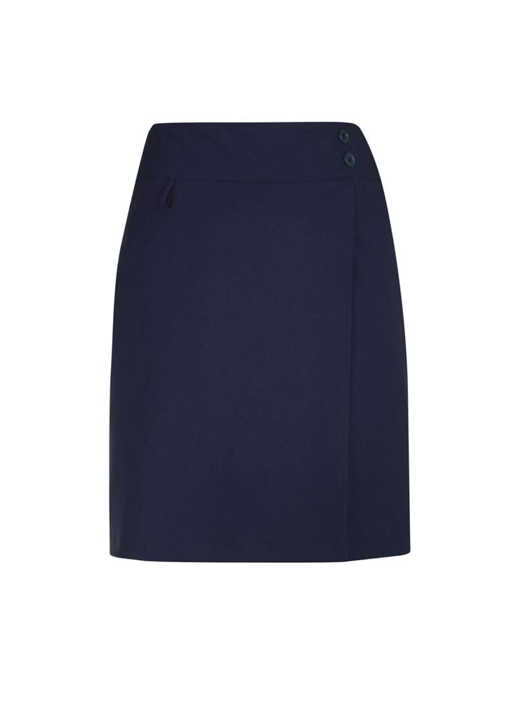 A navy women's skort featuring a side button detail and a clean, structured design.