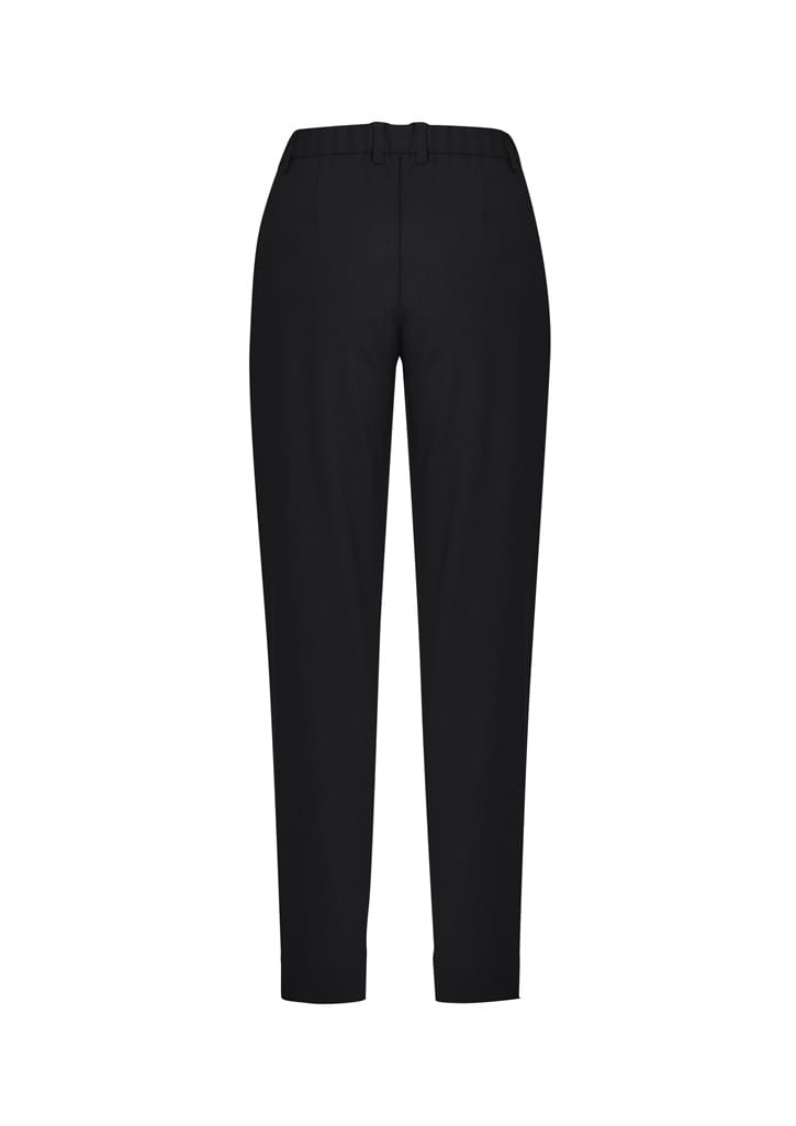 A pair of black women's slim leg pants with a comfort waist design, featuring a waistband and pockets.
