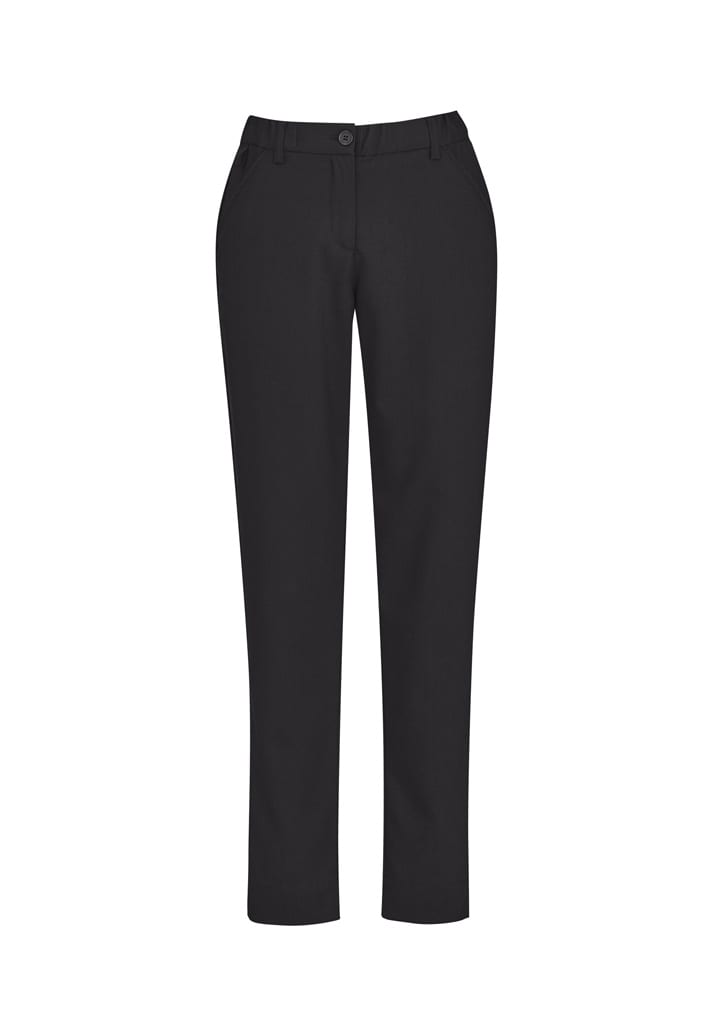Slim leg pant in black, featuring a comfort waist design and pockets, showcased against a plain background.