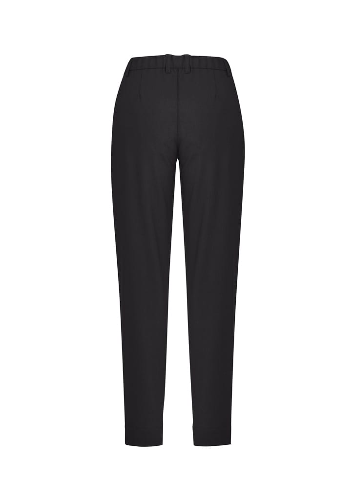 A pair of black slim leg pants with a comfort waist, featuring a simple design and no visible logos.
