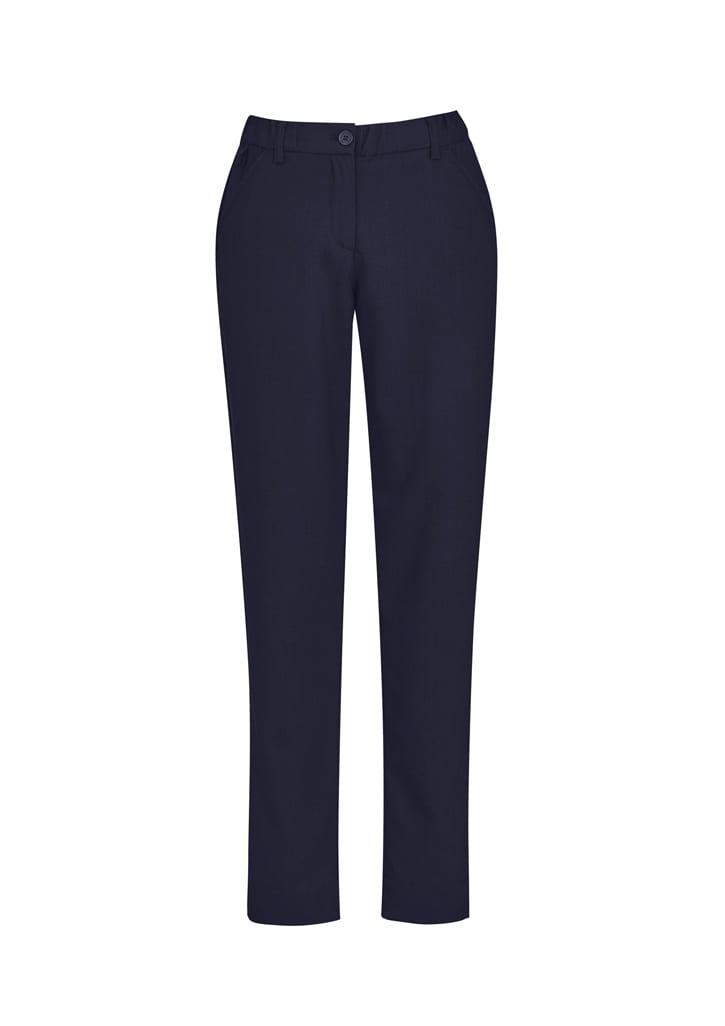 A pair of slim leg pants in navy blue, featuring a comfort waist design and front pockets.