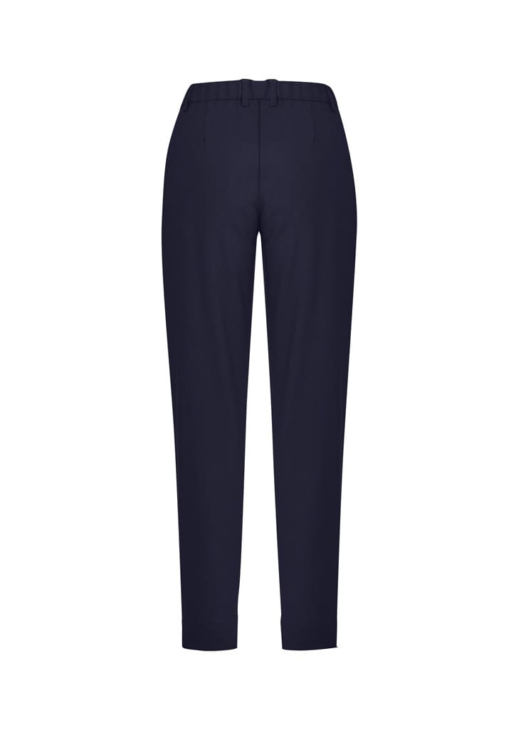 Navy women's slim leg pants with a comfort waist and a plain design. Features a logo on the waistband.