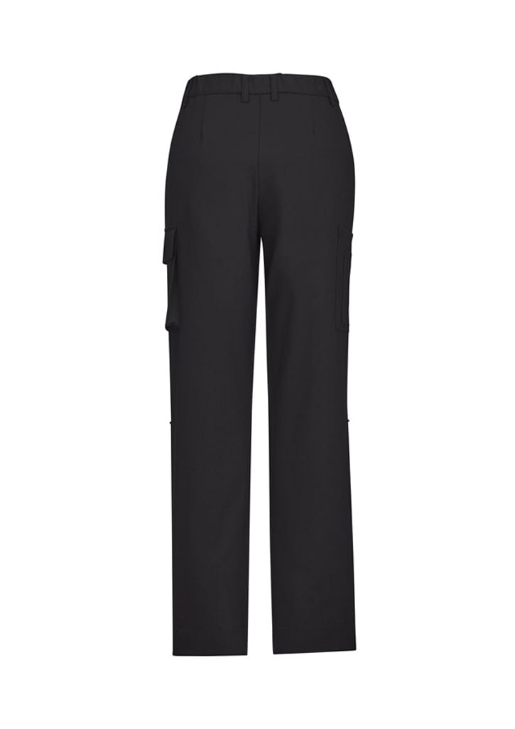 A pair of black women's cargo pants featuring a comfort waist design and side pockets. Includes a logo.