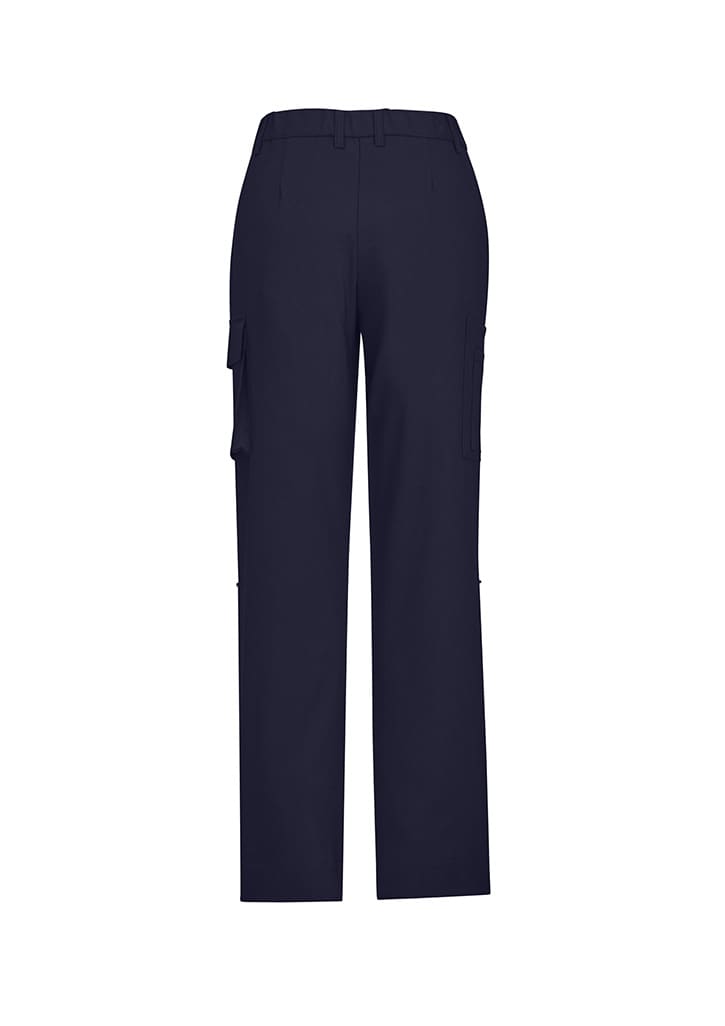 Navy women's cargo pants featuring a comfort waist and multiple pockets, with a logo on the back.