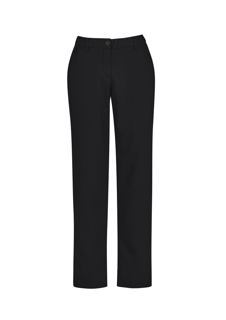 Black straight leg pants featuring a comfort waist design, suitable for women's casual or formal wear.