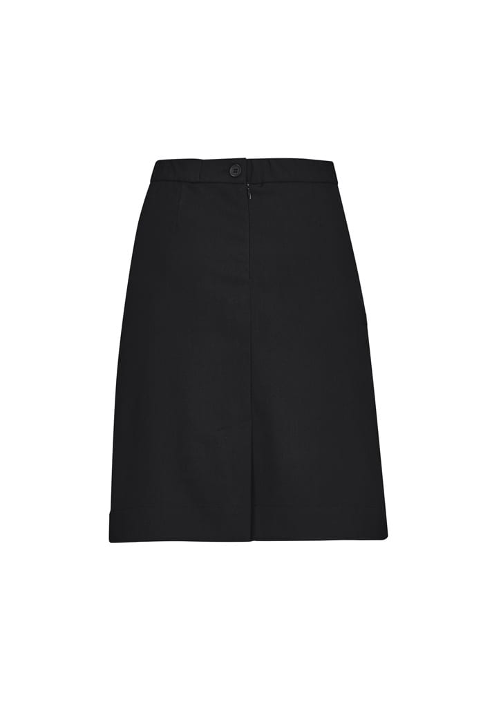 A black women's comfort waist cargo skirt with a fitted design and side pockets, featuring a button closure.