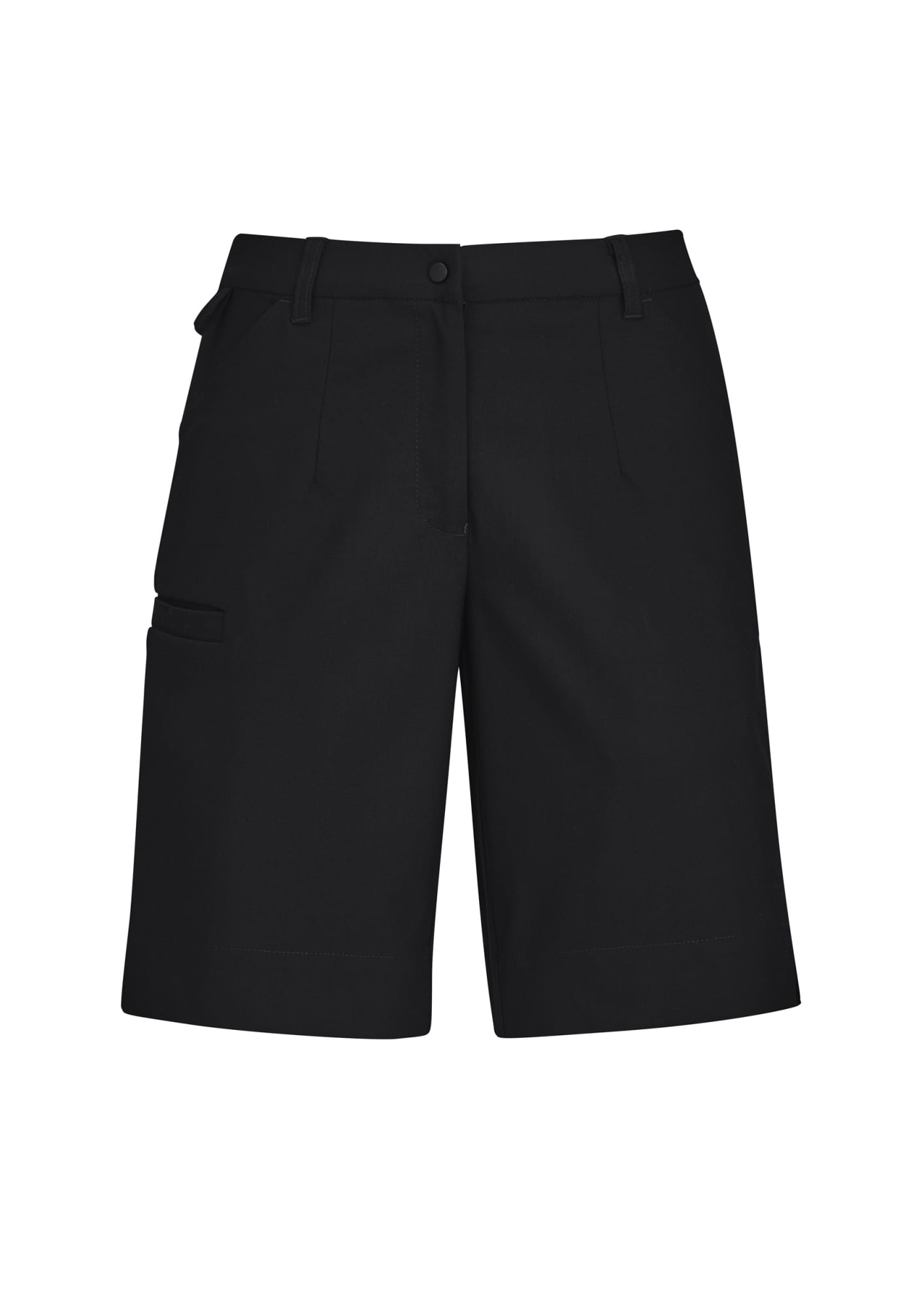 A pair of women's cargo shorts in black, featuring multiple pockets and a comfort waist design.