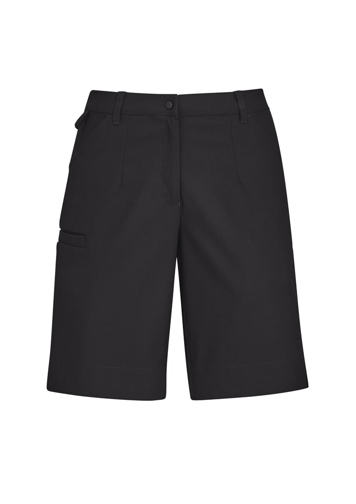 A pair of women's black cargo shorts with side pockets and a waistband. Features a logo on the garment.