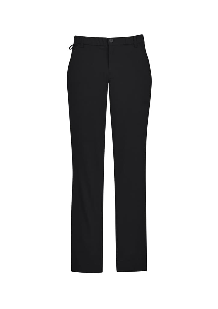 Black men's comfort waist flat front pants with a logo, featuring a straight leg design.