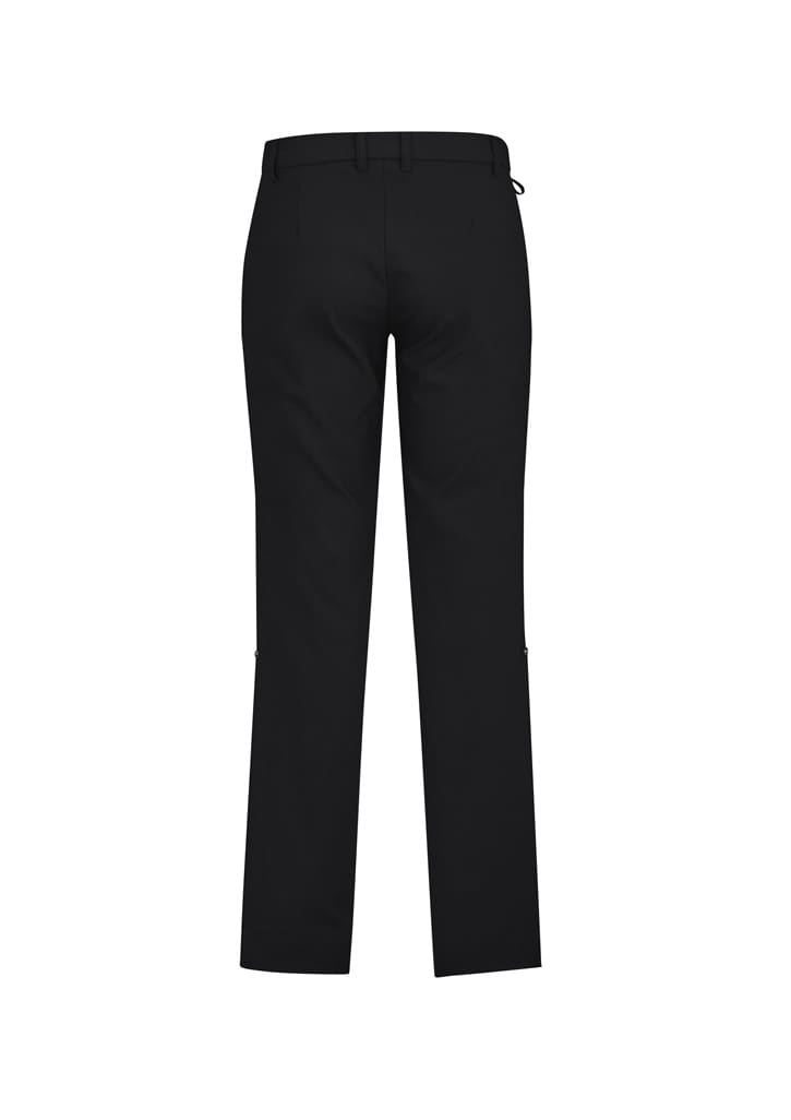 A pair of black flat front pants with a comfort waist design, featuring a simple waistband and straight legs.