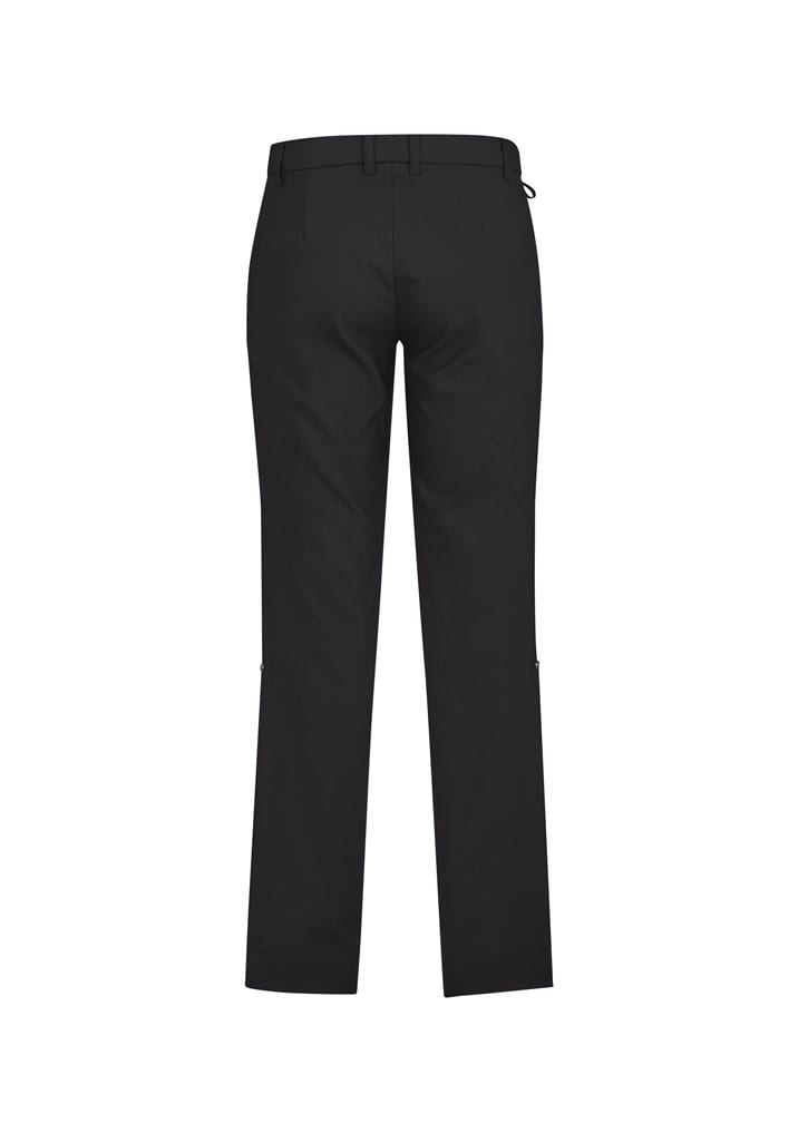 Black men's comfort waist flat front pants, featuring a classic design and a logo on the waistband.