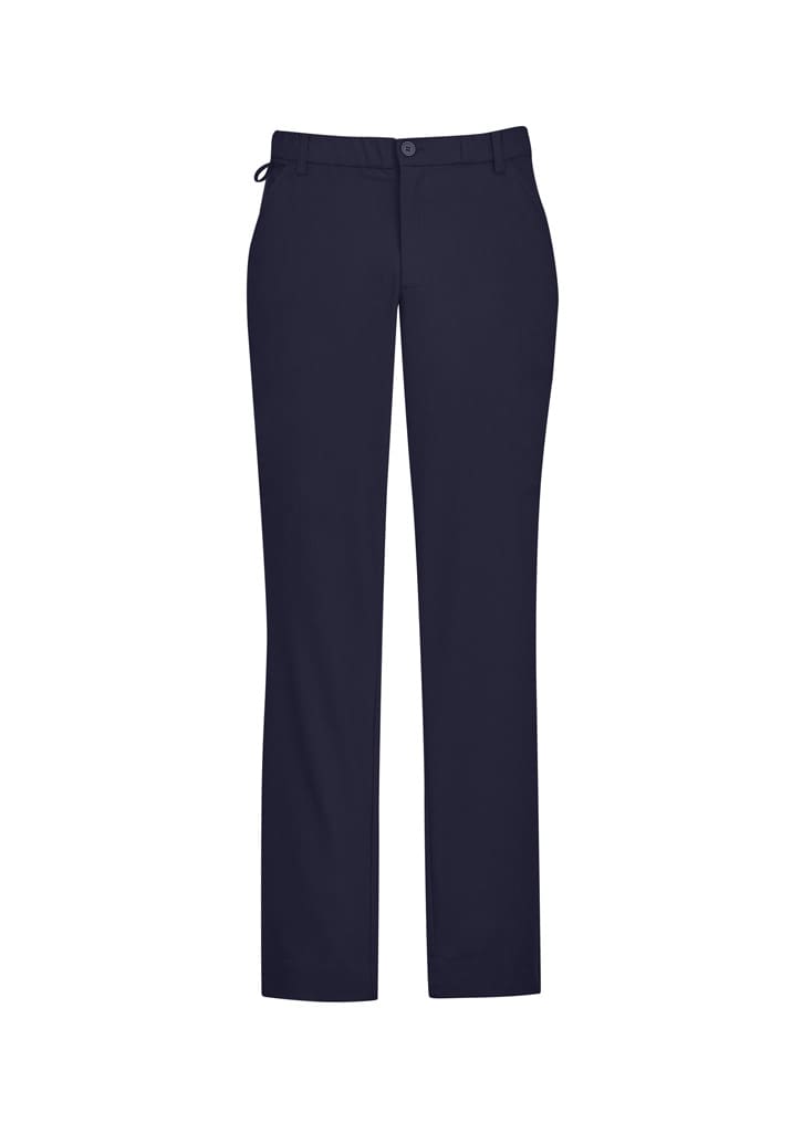 Men's comfort waist flat front pants in navy blue, featuring a classic design and a logo on the waistband.