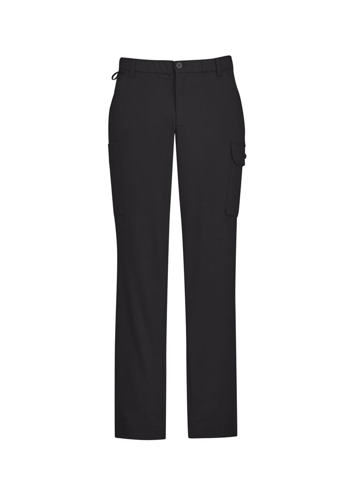 A pair of black cargo pants featuring multiple pockets and a fitted waist. The pants have a logo on the waistband.