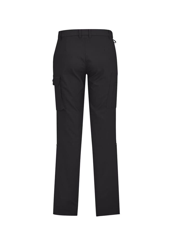 A pair of black men's cargo pants, featuring multiple side pockets and a straight leg cut, viewed from the back.