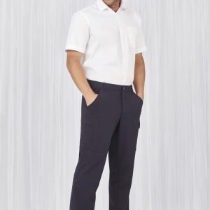 Mens cargo pants in navy blue, featuring multiple pockets and a comfortable waist design, styled with a white shirt.