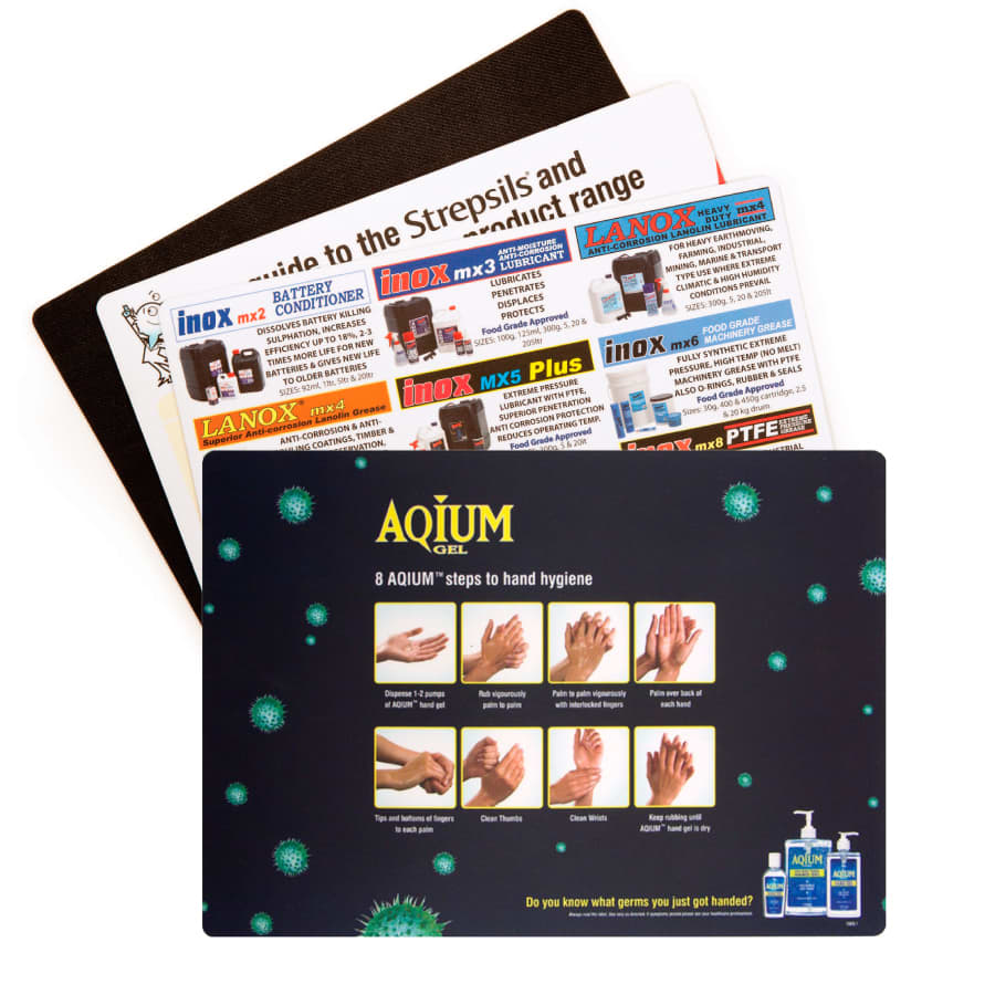 A counter mat featuring multiple designs, including hygiene steps, with a black and colourful background. It has branding.