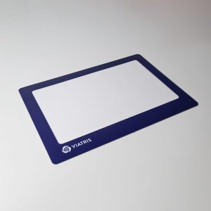 A blue Deluxe Counter Mat featuring a white space and a logo, designed for office use.