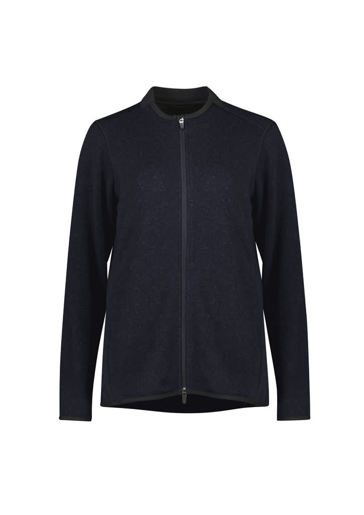 A black zip-front jumper featuring long sleeves and a round neckline. It has a simple design and includes a logo.