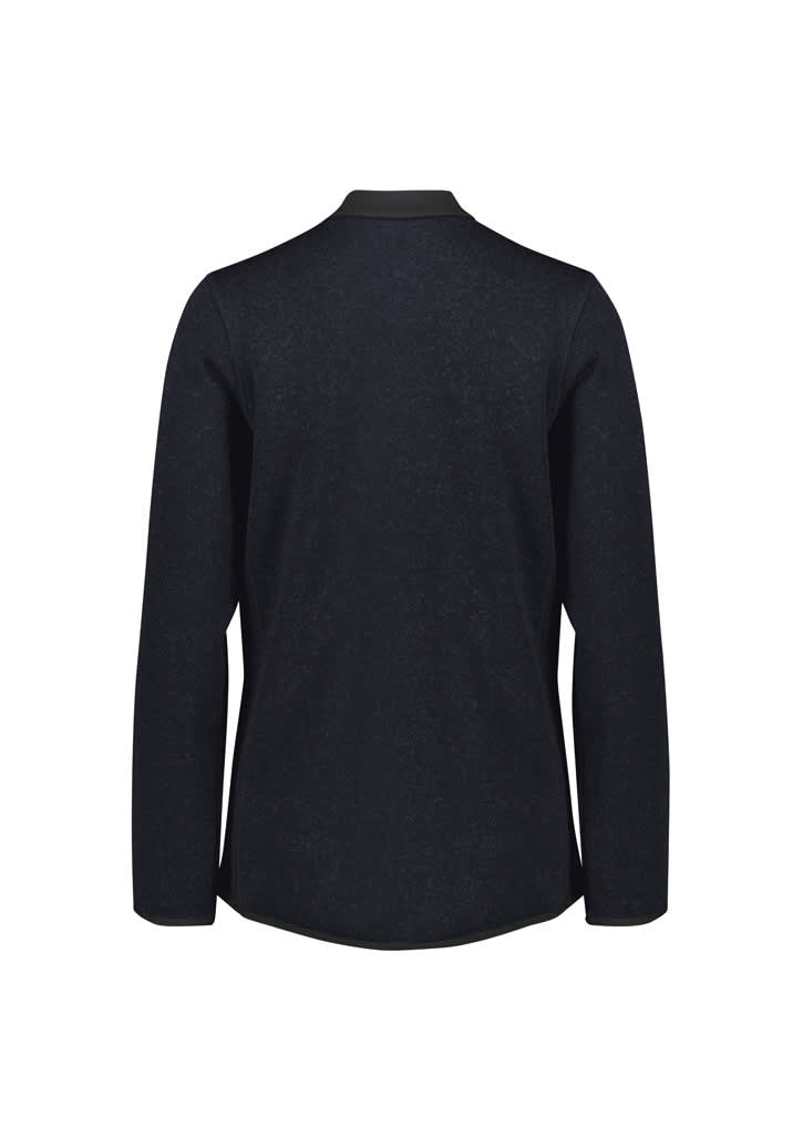 A black zip front jumper with long sleeves and a smooth texture at the back. Features a logo on the garment.