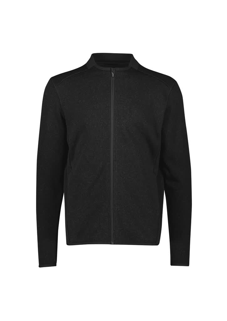 A men's zip front jumper in black, featuring a sleek design and a subtle logo. Ideal for casual wear.