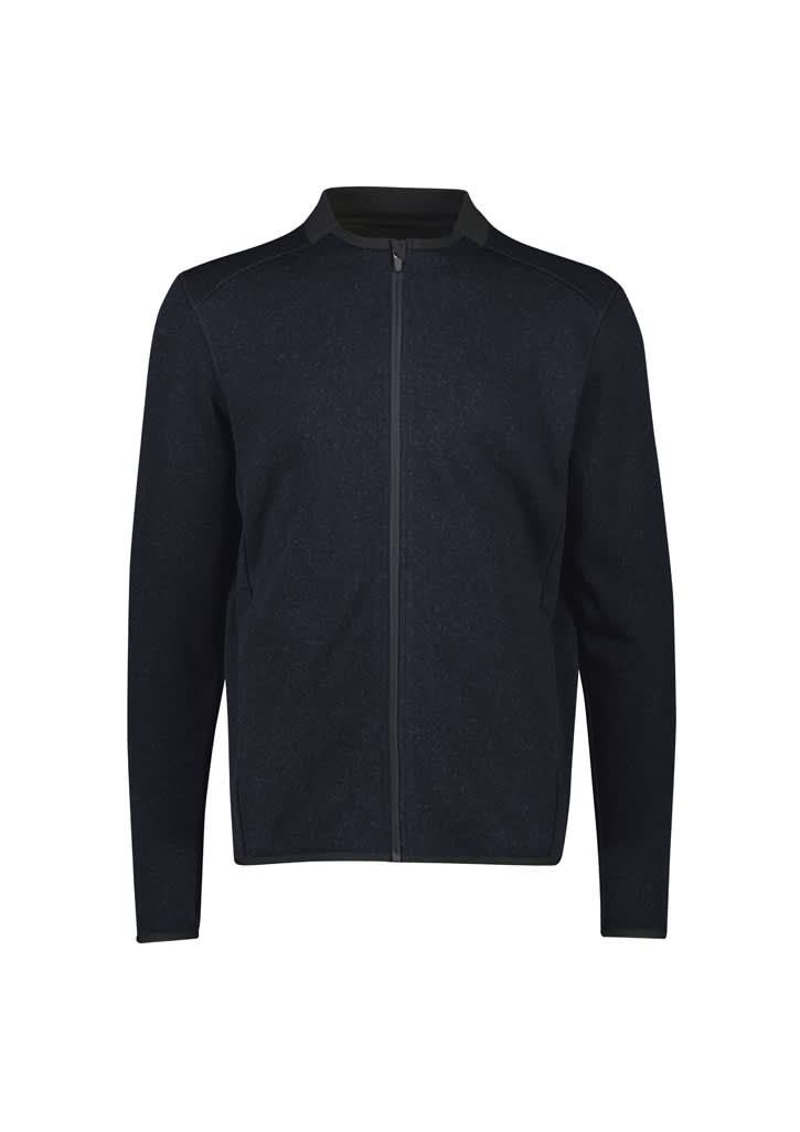 A black zip-front jumper featuring a simple design and a contrasting collar, with a logo on the front.
