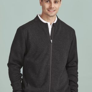 A men's zip-front jumper in dark grey, featuring a high collar and a slim-fit design, with a subtle logo.