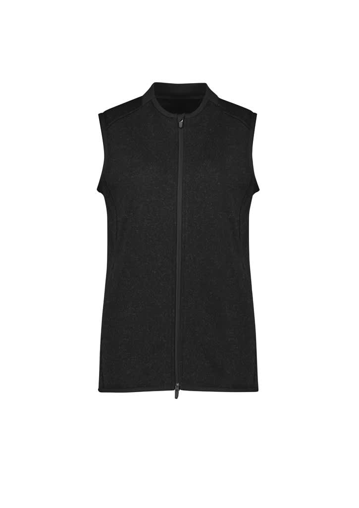 A sleeveless black vest featuring a zip front and shoulder detailing, with a branding logo.