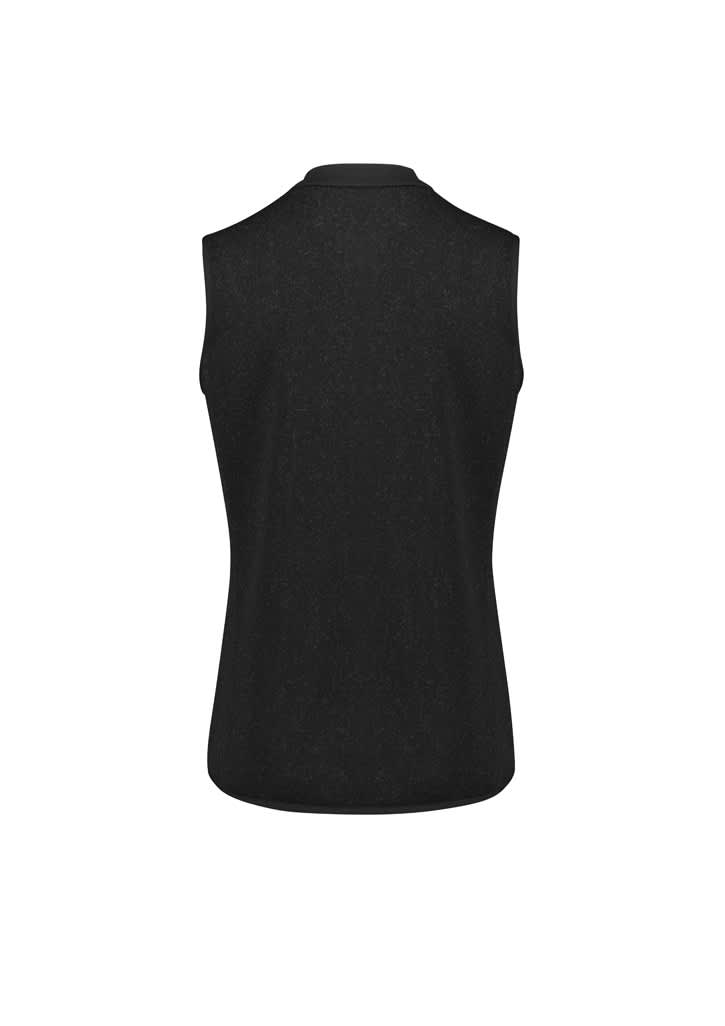 A sleeveless black vest with a zip front, featuring a simple design and a logo on the back.