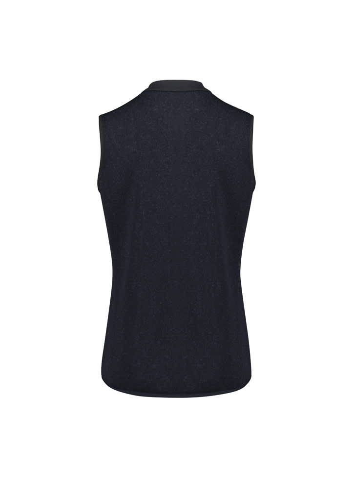 A black women's zip front vest with a sleeveless design and a collar, featuring branding on the back.
