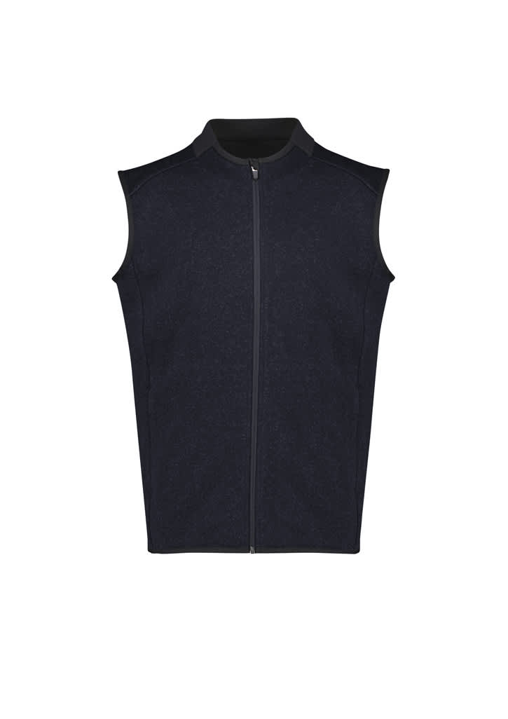 A sleeveless black vest with a zip front and a high collar. It features a subtle texture and has a logo.
