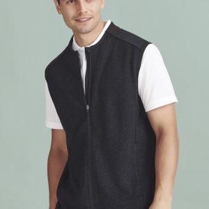 A men's black zip-front vest over a white shirt. The vest features a logo on the chest.