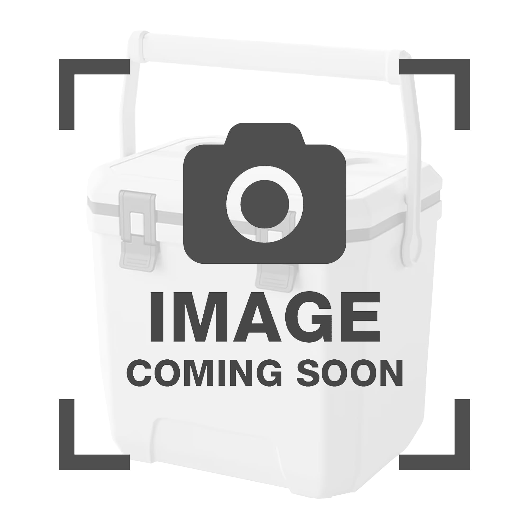 A white cooler box with a grey lid and a handle, featuring a logo on the front.