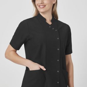 A black women's essence jacket with short sleeves and pockets, featuring a sleek design and a logo.